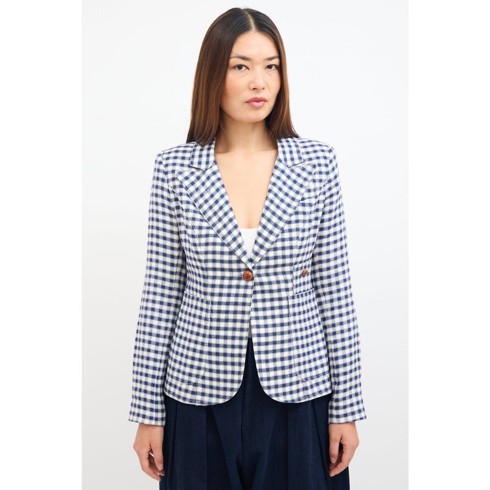 Smythe Gingham Duchess Blazer size 2 Linen Navy white Leather Preppy